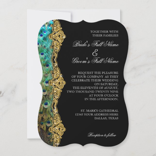Invitation Art Déco Peacock Gold Parties scintillant Old Holl (Devant)