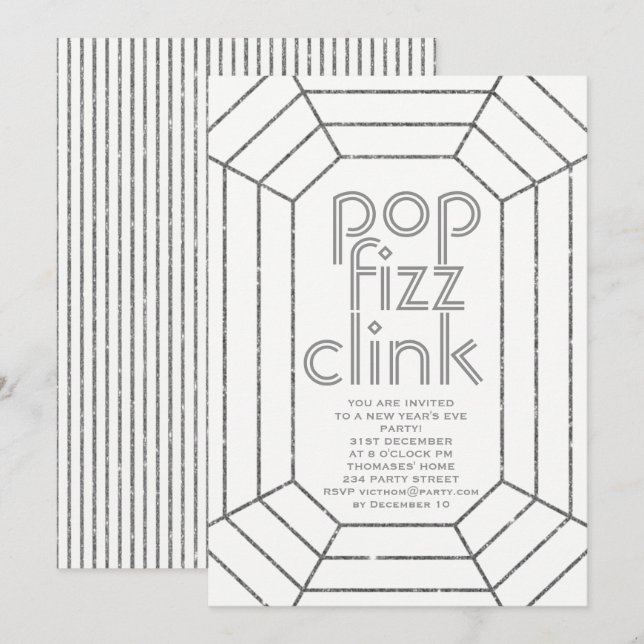 Invitation Art Déco pop fizz clink fête du Nouvel An (Devant / Derrière)