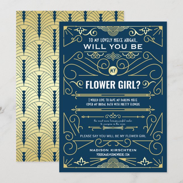 Invitation Art Déco Serez-Vous Ma Fille Fleur Gold Dark Blue (Devant / Derrière)