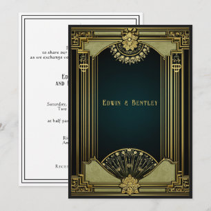 Invitation Art Déco Sophistiqué Or, Noir & Vert Sauge