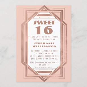 Invitation Art déco Sweet 16 Rose Gold et rose poudré Gatsby