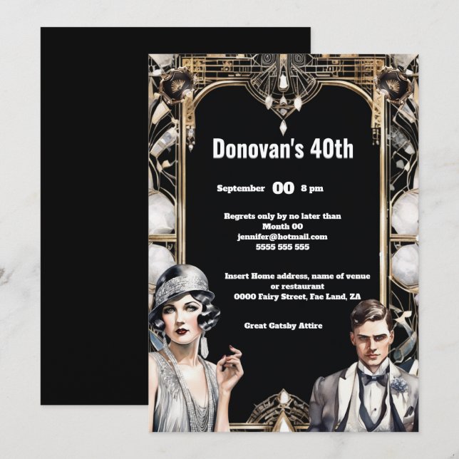 Invitation Art déco The Great Gatsby Flapper girl man années  (Devant / Derrière)