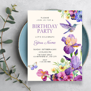 Invitation Art élégant d'oiseau à fleurs violettes pour anniv