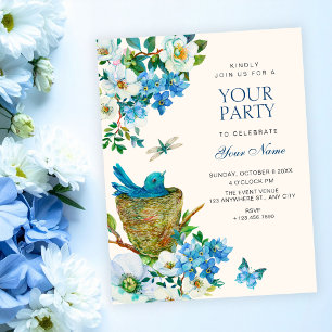 Invitation Art élégant d'oiseau floral bleu 