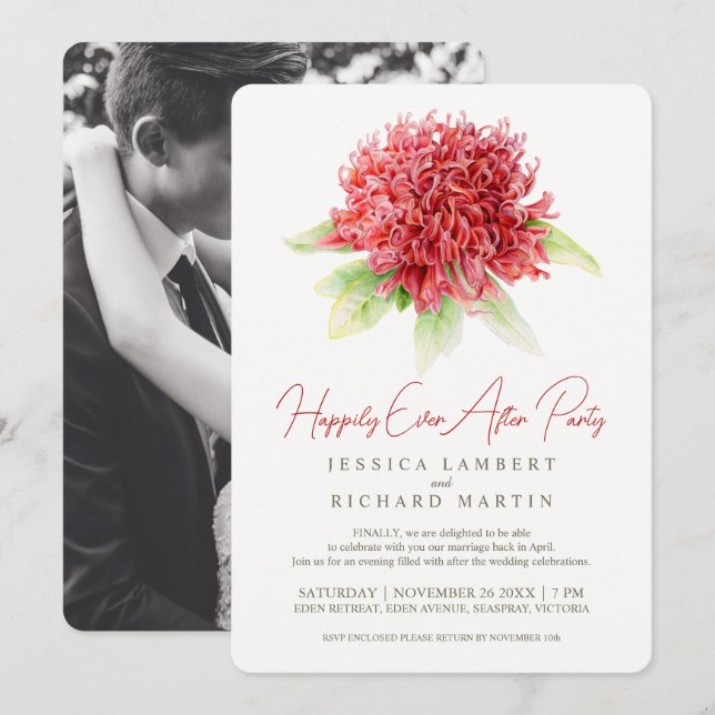 Invitation Art fleur de waratah rouge après la fête de mariag (Devant / Derrière)