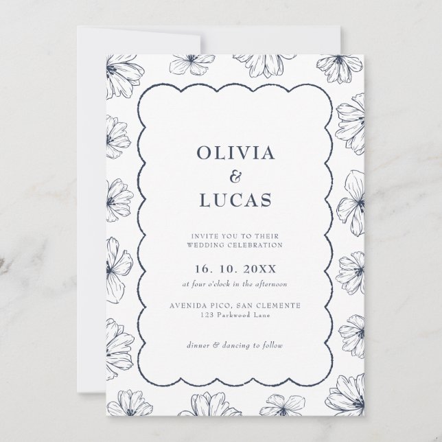 Invitation Art Floral moderne Vague Cadre bleu Mariage (Devant)