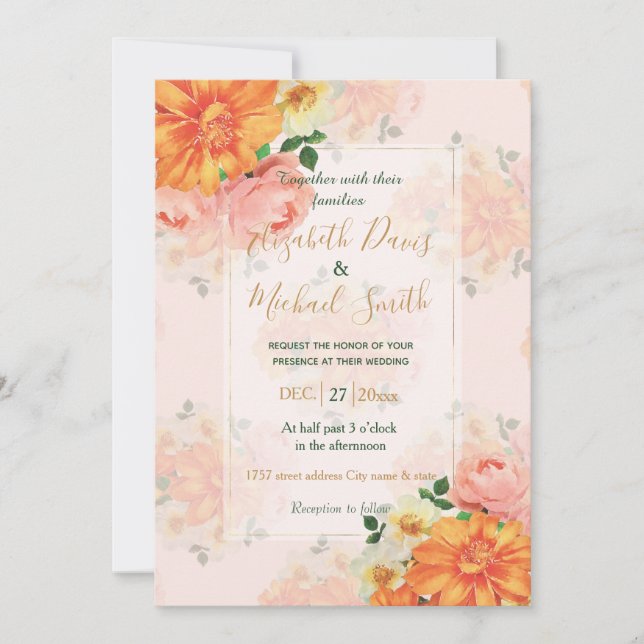 Invitation Art Floral rose et orange (Devant)