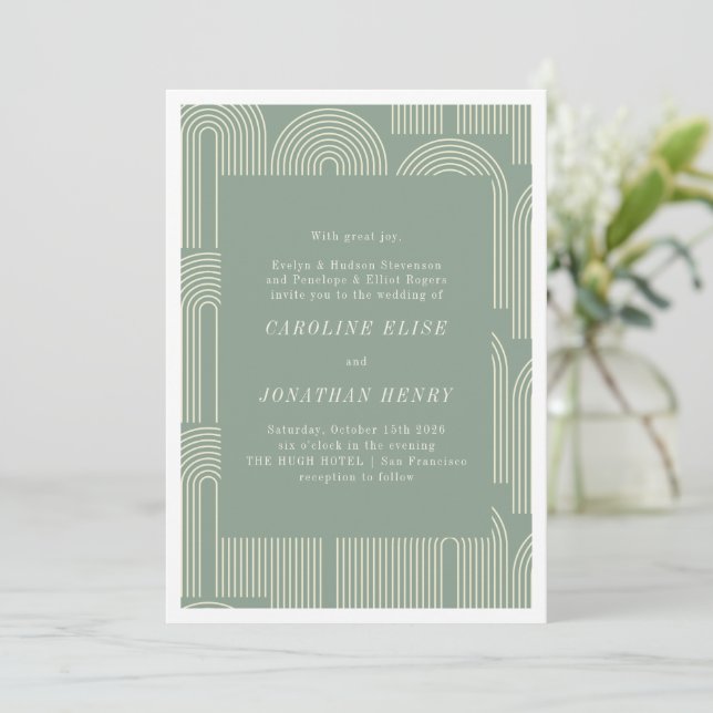 Invitation Art moderne Arch Line Sage Vert Mariage formel (Debout devant)