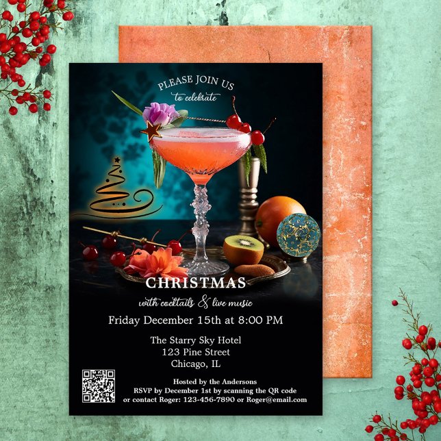 Invitation Art moderne Cocktail original Noël (A modern art Christmas holiday invitation showing a still life with a festive cocktail. With QR code)
