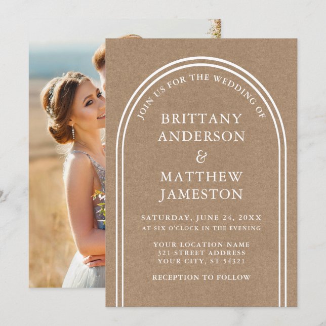Invitation Art moderne élégant Mariage photo Kraft (Devant / Derrière)