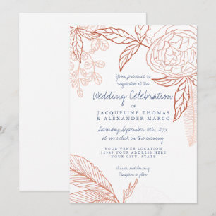 Invitation Art Moderne Ligne Florale Peony Leaf Marine Orange