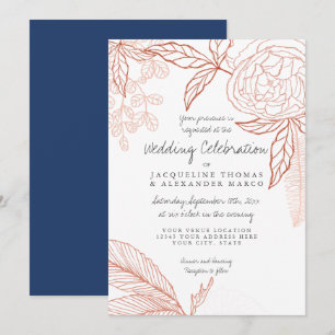 Invitation Art Moderne Ligne Florale Peony Marine Feuille ora