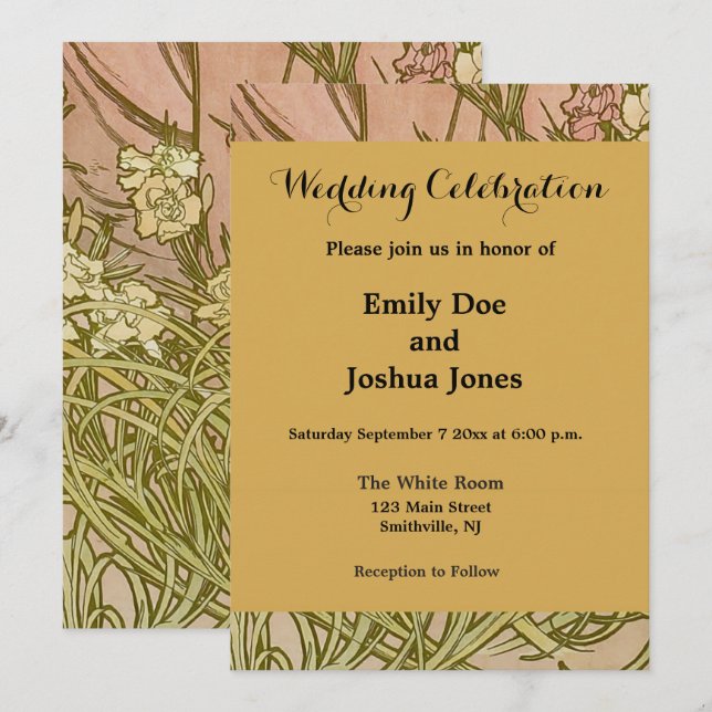 Invitation Art Nouveau Alfonse Mucha fleurs d'oeillets floral (Devant / Derrière)