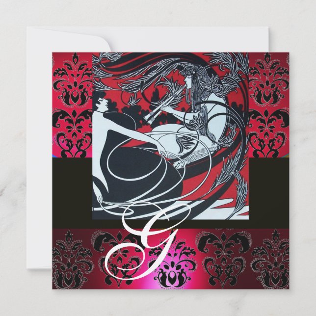 INVITATION ART NOUVEAU CHAMPAGNE NOIR ROUGE DAMASK MONOGRAM (Devant)