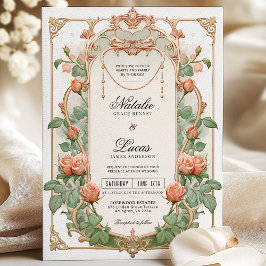 Invitation Art Nouveau Coral Floral & Mariage or