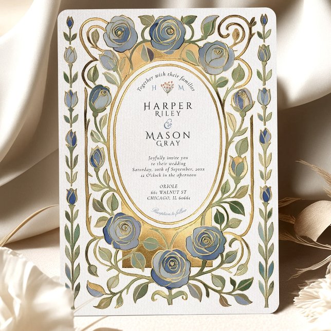 Invitation Art Nouveau Dusty Blue & Gold Roses Wedding (Créateur téléchargé)