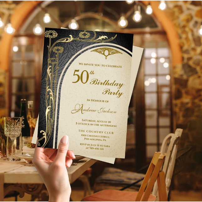 Invitation Art Nouveau élégant Noir & Or Floral Anniversaire (Elegant Art Nouveau Black & Gold Floral Birthday Invitation)