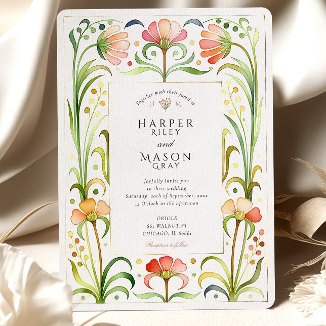 Invitation Art Nouveau Fleur sauvage Mariage d'or artistique (Créateur téléchargé)