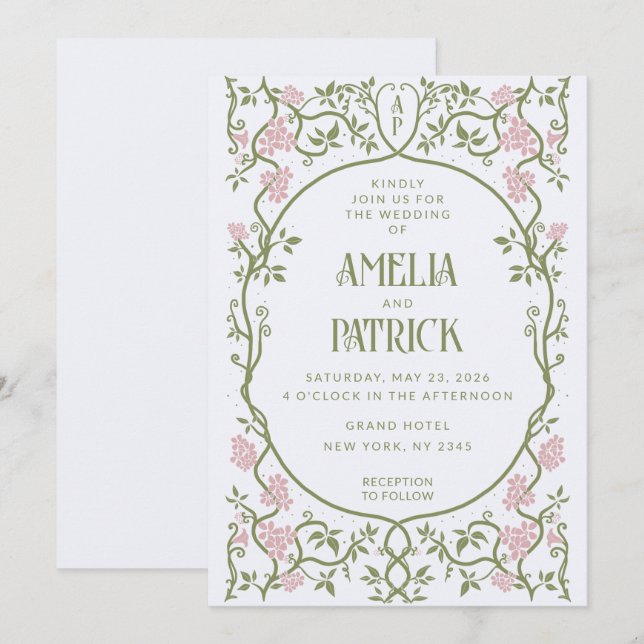 Invitation Art Nouveau Floral Vert et rose Mariage (Devant / Derrière)