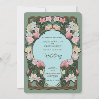 Invitation Art Nouveau mariage aquarelle vert sauge