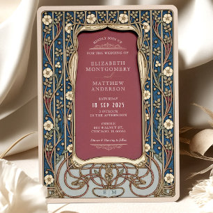 Invitation Art Nouveau Mariage Bourgogne & Marine Floral