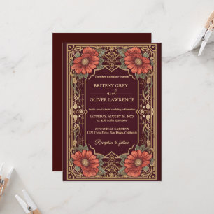 Invitation Art Nouveau Mucha vintage bordeaux Fleurs Mariage