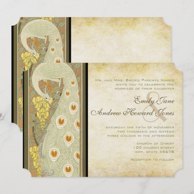 Invitation Art Nouveau Peacock Inséparables Mariage (Devant / Derrière)