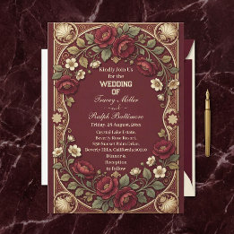 Invitation Art Nouveau Roses Bourguignon Doré Élégant Mariage