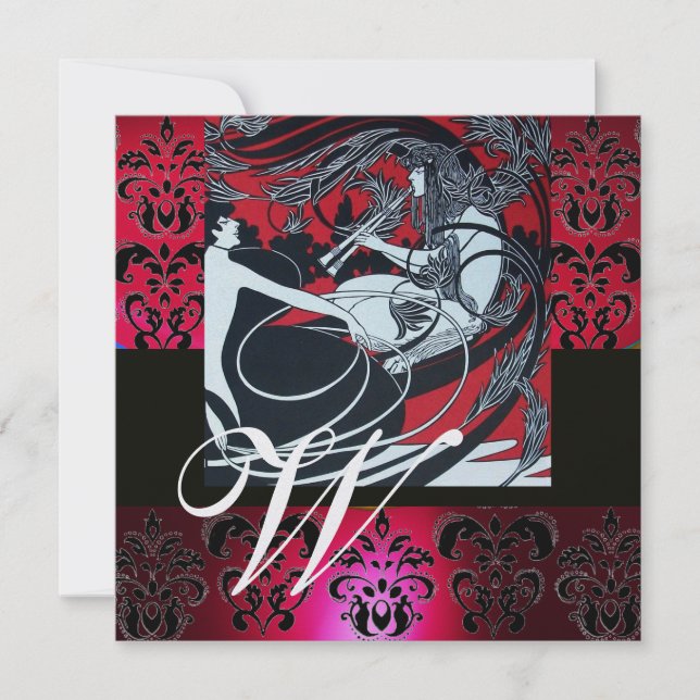 INVITATION ART NOUVEAU ROUGE GLACE NOIRE DAMASSÉ MONOGRAMME , (Devant)