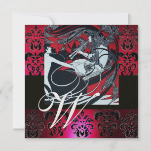INVITATION ART NOUVEAU ROUGE GLACE NOIRE DAMASSÉ MONOGRAMME ,