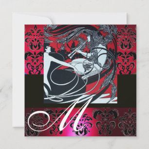 Invitation ART NOUVEAU ROUGE NOIR BLANC DAMASSÉ MONOGRAMME ,r