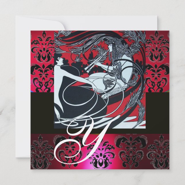 Invitation ART NOUVEAU ROUGE NOIR OR DAMASSÉ MONOGRAMME ,rubi (Devant)