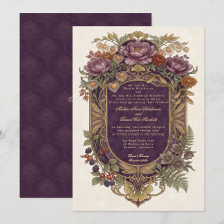 Invitation Art Nouveau Violet Bouclier Doré Floral Automnal V