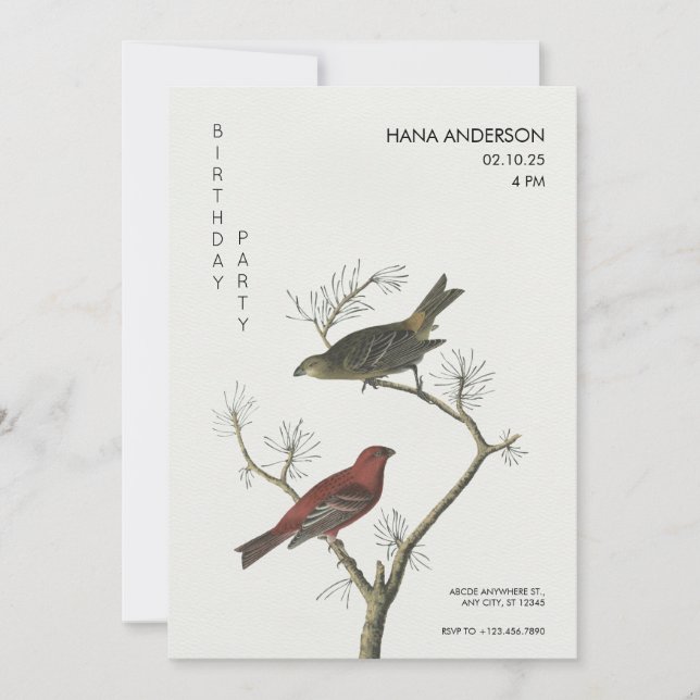 Invitation art oiseaux vintage style japonais anniversaire (Devant)