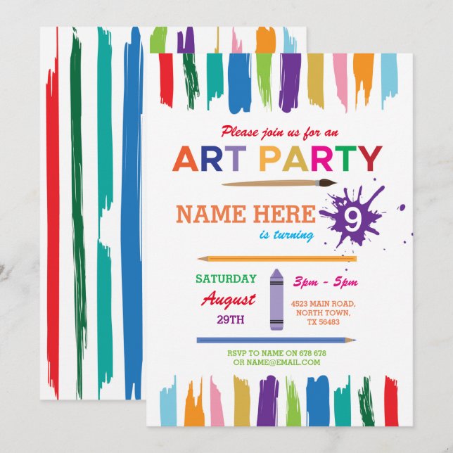 Invitation Art Party Peinture Dessin Peinture Anniversaire In (Devant / Derrière)