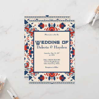 Invitation Art populaire floral rouge, blanc et bleu