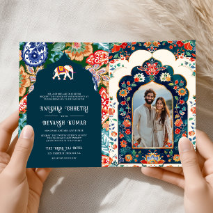 Invitation Art populaire indien vibrant Elephant bleu foncé M