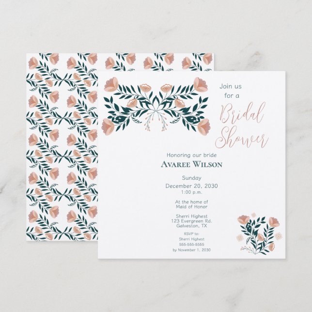Invitation Art populaire rose et Turquoise Floral (Devant / Derrière)