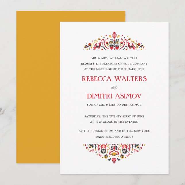 Invitation Art populaire russe Khokhloma Flower Mariage forme (Devant / Derrière)