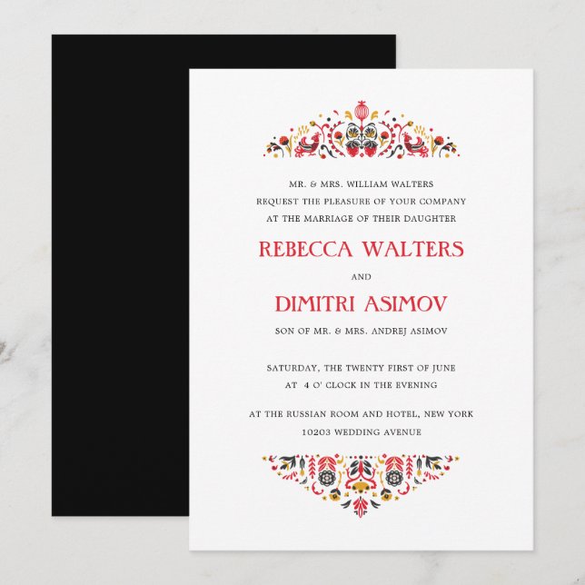Invitation Art populaire russe Khokhloma Flower Mariage forme (Devant / Derrière)