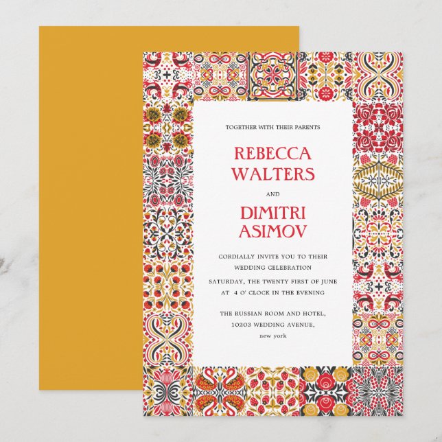 Invitation Art populaire russe Khokhloma Mariage frontalier (Devant / Derrière)