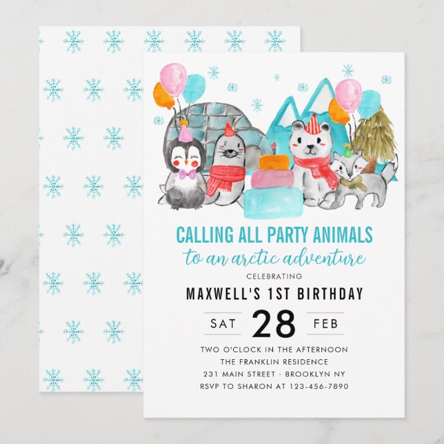Invitation Artic Adventure Appelant Fête Animaux Anniversaire (Devant / Derrière)