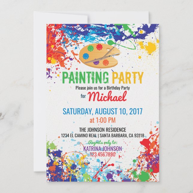 Invitation Artist Palette Peinture Splashes Anniversaire (Devant)