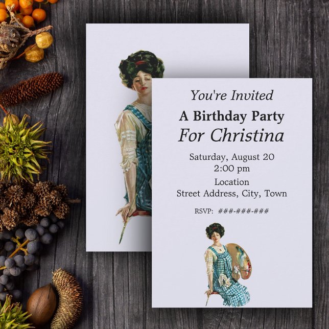 Invitation Artiste victorienne Lady Painteuse Palette Anniver (Victorian era artist lady with paint pallette on light blue birthday party invitations.)