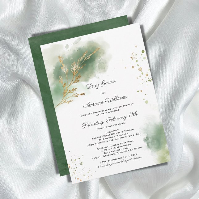 Invitation Artistic Chic Moss Green Aquarelle or Mariage (Créateur téléchargé)