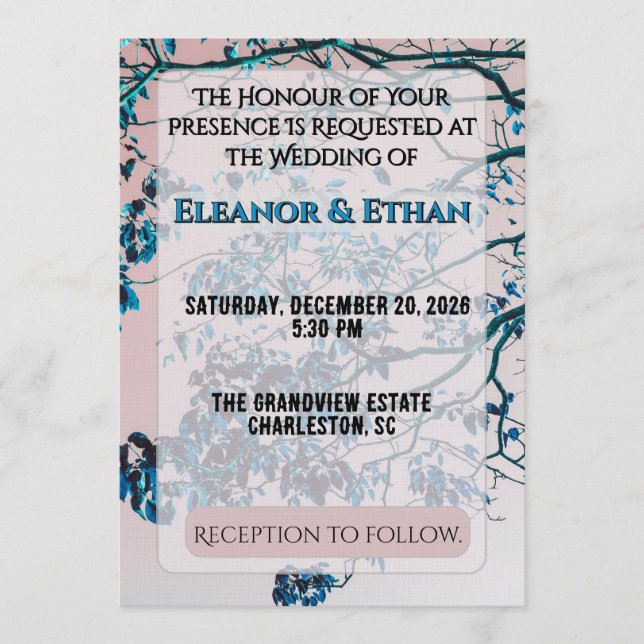 Invitation Artistic Teal Blue Branches Pink Sky Modern  (Devant)