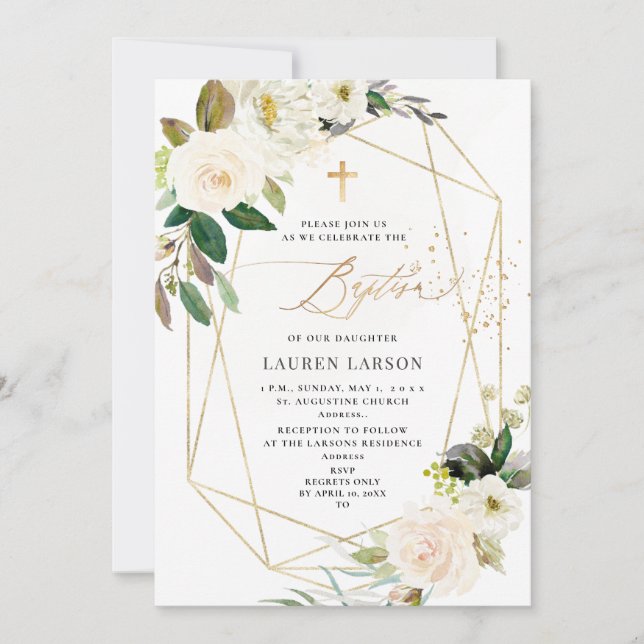Invitation ArtsApp Elegant H2 Alabaster Cream Roses Baptême (Devant)