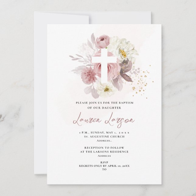 Invitation ArtsApp Elegant H2 Dusty Rose Roses Baptême (Devant)