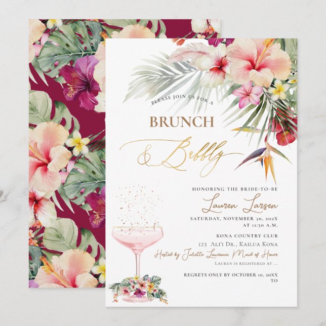 Invitation ArtsApp Tropical Paradise Faux Gold Brunch+Bubbly (Devant / Derrière)