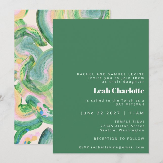 Invitation Artsy Abstrait Aquarelle Verte Barre Barre Mitzvah (Devant / Derrière)